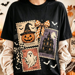 Retro Halloween Stamp Design With Print, Mysterious Ghost Pumpkin T-Shirt Pattern Halloween Autumn Design Printed T-Shirt