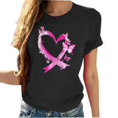 Riecok Breast Cancer T Shirts for Women Ribbon Graphic Crewneck Tees Short Sleeve Breast Cancer Shirts Holiday Tops Black L