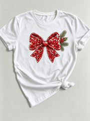 Santa Hat Bow Tee Christmas Red Sparkle Bow