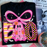 Spooky Boo Ghost Shirt, Neon Pink Halloween Tee, Girly Coquette Halloween Bow Top, Preppy Glitter Pumpkin Apparel