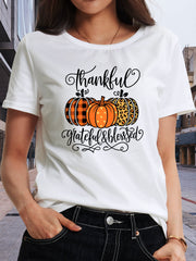 Thankful Grateful & Blessed T-Shirt Buffalo Plaid Leopard Pumpkin Graphic Tee for Women Fall Thanksgiving Casual Short Sleeve Top