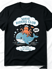 Unisex Black Cotton Graphic T-Shirt, Wave Riders Club Octopus Whale Cartoon Print Short Sleeve Tee, Too Cool To Be Serious Cute Ocean Marine Animal Casual Top For Kids Teens Summer Outfit