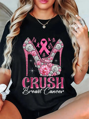 Unisex Crush Breast Cancer Awareness Cotton T‑Shirt, Crew Neck Short‑Sleeve Tee, Faux Bling High Heel Pink Ribbon Butterfly Graphic Casual Daily Top