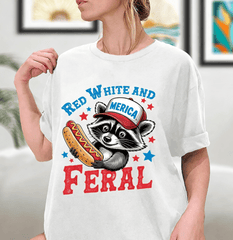 Unisex Funny 4th of July Raccoon Graphic T‑Shirt, Red White And Feral Merica Hot Dog Raccoon Crew Neck Short‑Sleeve Tee, Patriotic USA Holiday Casual Top