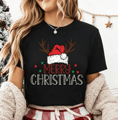 Unisex Merry Christmas Graphic Short Sleeve T-Shirt, Santa Hat Reindeer Antlers Cute Holiday Crew Neck Tee Christmas Tshirts