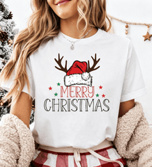Unisex Merry Christmas Graphic Short Sleeve T-Shirt, Santa Hat Reindeer Antlers Cute Holiday Crew Neck Tee Christmas Tshirts