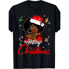 Unisex Merry Christmas Graphic T‑Shirt, Black Woman Santa Hat Holiday Print, 220g Heavyweight 100% Cotton Crew Neck Short‑Sleeve Casual Top, Christmas Holiday Tee