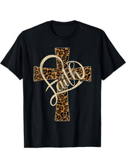 Vintage Christian Faith T-Shirt Men's Unisex Leopard Print Cross Cheetah Faith Lettering Casual Church Wear
