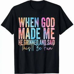 When God Made Me He Grinned And Said This'll Be Fun Graphic T?Shirt, Men Funny Sarcastic Faith?Inspired Distressed Short?Sleeve Tee Men Clothing