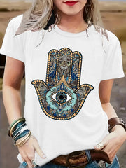 Women Hamsa Hand Evil Eye Mandala Graphic T?Shirt, Bohemian Ethnic Pattern Crew Neck Short?Sleeve Casual Boho Tee Top for Spring Autumn