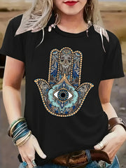 Women Hamsa Hand Evil Eye Mandala Graphic T?Shirt, Bohemian Ethnic Pattern Crew Neck Short?Sleeve Casual Boho Tee Top for Spring Autumn