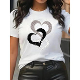 Women Intertwined Dotted Heart Graphic T‑Shirt, Crew Neck Short Sleeve Tee, Black White Gray Sketch Heart Print, Casual All‑Season Top for Ladies