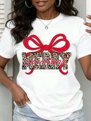Women Merry Christmas Leopard Print Bow Graphic Tee