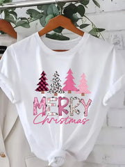 Women Merry Christmas T‑Shirt, Pink Leopard Plaid Christmas Tree Print Holiday Casual Short Sleeve Tee