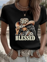 Women Western Leopard Cowgirl Blessed Graphic T?Shirt, Crew Neck Short Sleeve Casual Country Style Tee for Spring Summer Daily Wear