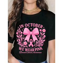 Women’s Breast Cancer Awareness Graphic T‑Shirt, In October We Wear Pink Ribbon Floral Gift Short Sleeve Tee