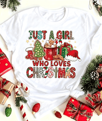 Women's Christmas Graphic Crew-Neck T-Shirt, Just a Girl Who Loves Christmas Print Short-Sleeve Tee, Festive Holiday Casual Top for Winter Women Clothing