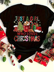 Women's Christmas Graphic Crew-Neck T-Shirt, Just a Girl Who Loves Christmas Print Short-Sleeve Tee, Festive Holiday Casual Top for Winter Women Clothing