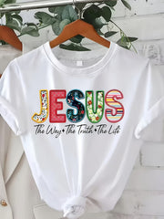 Women’s Colorful Jesus Graphic Short‑Sleeve T‑Shirt, The Way The Truth The Life Faith Religious Tshirt,Women Clothing
