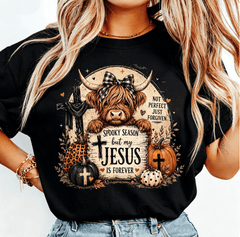 Women's Crew Neck Short Sleeve T-Shirt, Highland Cow Spooky Season Christian Faith Graphic Print, Fall Halloween Casual Faith Tee For Women