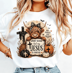 Women's Crew Neck Short Sleeve T-Shirt, Highland Cow Spooky Season Christian Faith Graphic Print, Fall Halloween Casual Faith Tee For Women