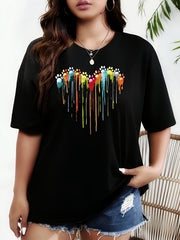 Women’s Crew Neck T-Shirt, Short Sleeve Casual Colorful Heart Paw Print Casual Top Women Clothing