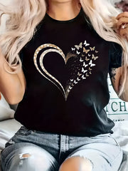 Women‘s Fashion Crew Neck Short Sleeve T-Shirt, Heart Design Graphic Tees, Comfortable All-Season Top,Women Clothing
