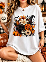 Women's Halloween T-Shirt, Skull Pumpkin Witch Hat Floral Graphic Tee, Leopard Print Casual Short Sleeve Crew Neck Top
