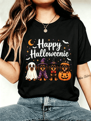 Women's Happy Halloweenie Dachshund Halloween Short Sleeve Crew Neck T-Shirt