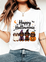 Women's Happy Halloweenie Dachshund Halloween Short Sleeve Crew Neck T-Shirt