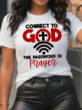 Women's Letter & Cross Print, Casual Letter Pattern Round Neck Tee, Connect To God The Password Is Prayer Graphic T?Shirt Women Clothing
