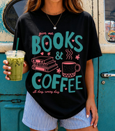 Books and Coffee Graphic T‑Shirt, Cute Book Lover Reading Short‑Sleeve Tee for Women,Casual Women Clothing