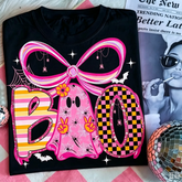 Spooky Boo Ghost Shirt, Neon Pink Halloween Tee, Girly Coquette Halloween Bow Top, Preppy Glitter Pumpkin Apparel