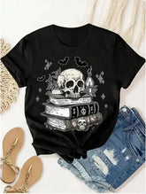 Gothic Skull Books Bats Graphic T-Shirt, Dark Academia Witchy Tee