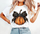 Women's Crewneck Bow Pumpkin Print Top Halloween T-Shirt Halloween Gift T shirt Casual Short Sleeve Women Clothing