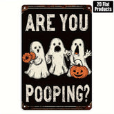 Funny Halloween Bathroom Decor - Vintage Ghost Floral Embellishment - "Are You Shitting?" Vintage Metal Tin - Rustic Bathroom/Toilet/Party Decor - Easy to Hang with Corner Hole