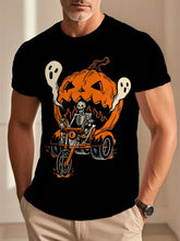 Halloween Pattern T-Shirt - Skull Motorcycle Pumpkin Ghost Print - Black Orange Street Style Short Sleeve Top - Party Dressing And Casual Wear