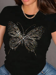 Butterfly Print Graphic Crew Neck Short Sleeve T-shirt for Women, Casual Summer Top,Fashion Women Sportwear