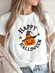 Halloween Pumpkin Witch Print Short Sleeve Tee Party Lightweight Durable Top