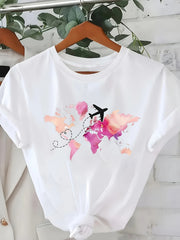 Watercolor Airplane World Map Print Short Sleeve Tee Travel Crew Neck Casual Top
