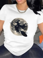 Halloween Witch Moon Graphic Short Sleeve T‑Shirt, Crew Neck Spooky Witch On Broomstick Print Casual Fall Tee