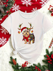 Christmas Yorkshire Terrier T-Shirt, Reindeer Dog Holiday Lights Graphic Tee, Unisex Cotton Crew Neck Short Sleeve Top