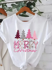 Women Merry Christmas T‑Shirt, Pink Leopard Plaid Christmas Tree Print Holiday Casual Short Sleeve Tee