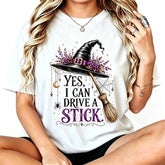 Women's Short-Sleeve Casual Halloween Graphic T-Shirt - "Yes I Can Drive A Stick" Witch Hat Broom Funny Apparel Top