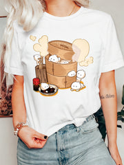 Cute Dumpling Steamer Cartoon Graphic T‑Shirt, Funny Food Lovers Casual Short Sleeve Tee for Men Women