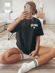 DOG MOM Letter Paw Print Front Back White Tee Spring Summer Crew Top