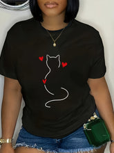 Women’s Cat Lover Graphic T‑Shirt, Minimalist Cat Silhouette Heart Casual Gift Short Sleeve Tee
