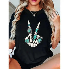 100% Cotton T shirts Skeleton Turquoise Hand Western Rodeo Cowboy Cowgirl T-Shirt Breathable & Comfort Fit Tee Women,Short Sleeve Crew Neck Top for All Seasons,Graphic Tees Women Tops