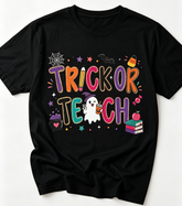 Teacher Halloween Shirt Trick or Teach Graphic Tee Women Back-to-School Teacher Tshirts,Crew Neck Casual Women Tee