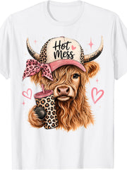 Hot Mess Highland Cow Leopard Print Bow Tumbler Graphic Short Sleeve T-Shirt, Cute Western Country Cow Casual Tee Top